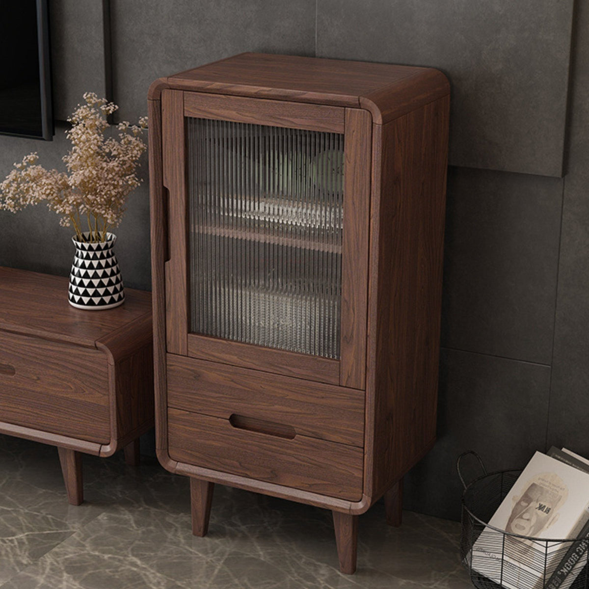 TV Stand and Coffee Table Set New Chinese Design Solid Wood Media Console Recessed Handles Walnut Color Living Room Set for Homeowners, Bedroom