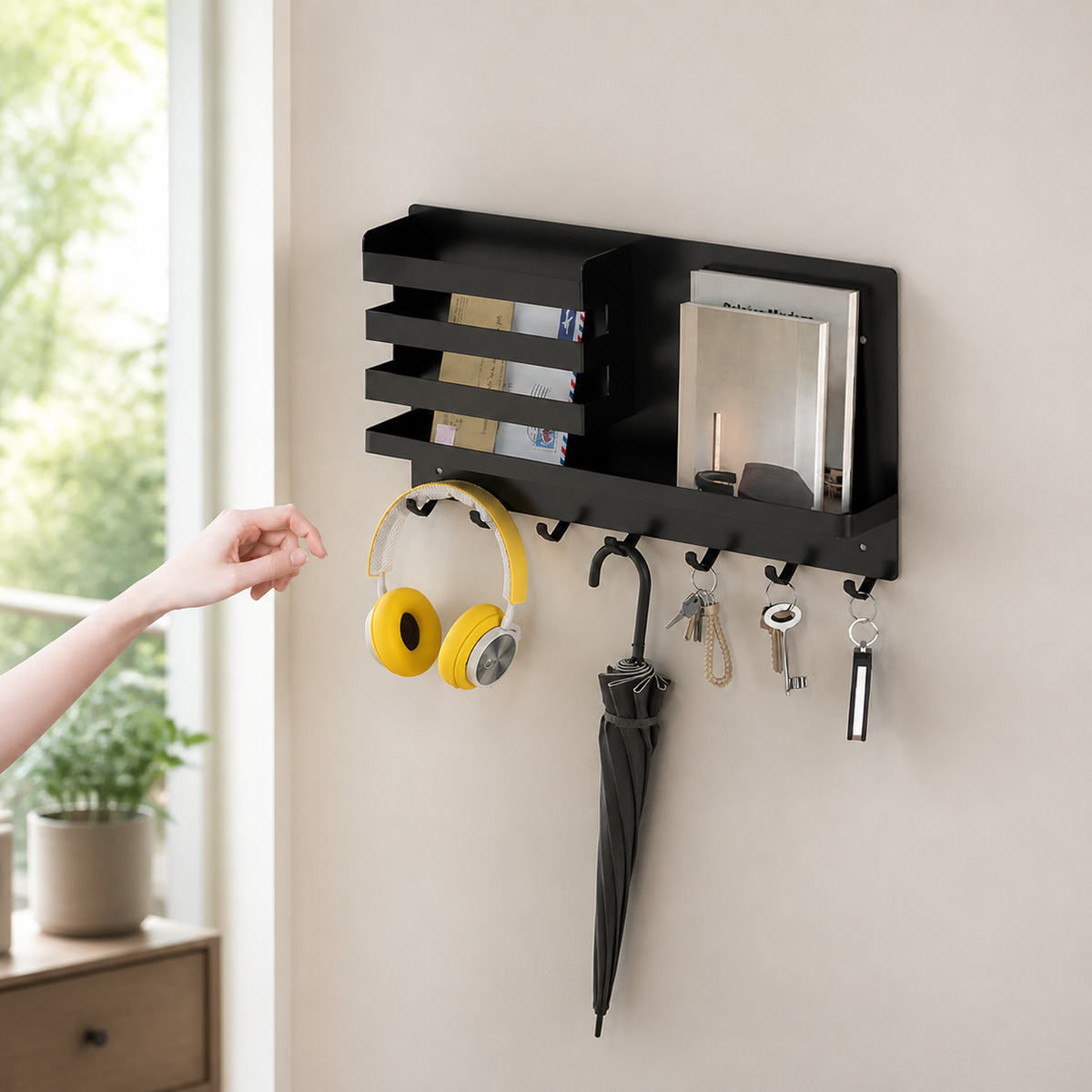 Wall Mounted Organizer with Tray, Carbon Steel Storage Rack, Space Saving Hanging Organizer for Kitchen, 10kg Load