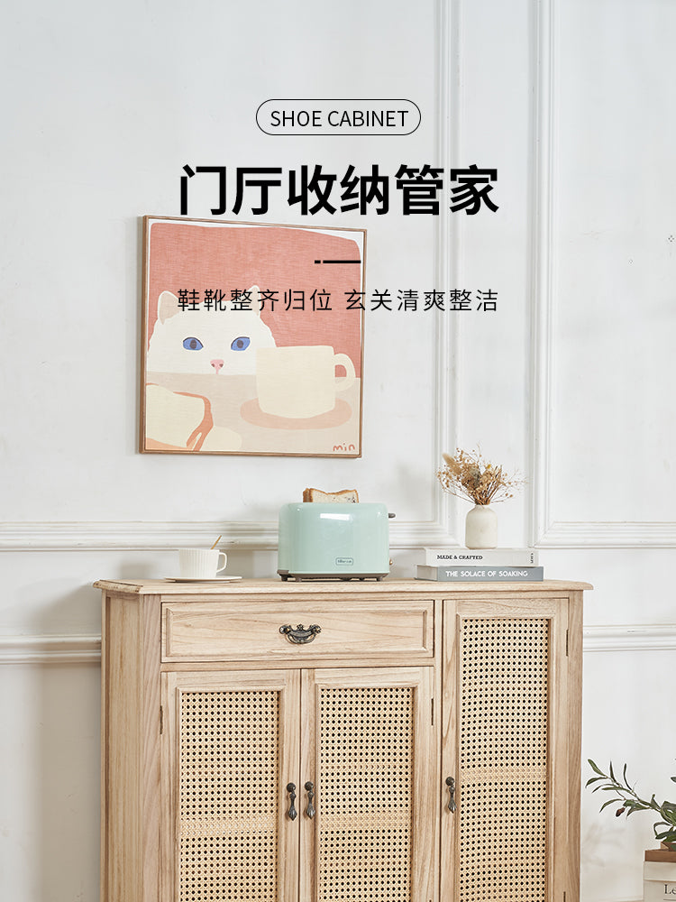 门口实木鞋柜家用入户玄关柜大容量抽屉柜带门储物柜简约藤编斗柜 80cm原木色 整装