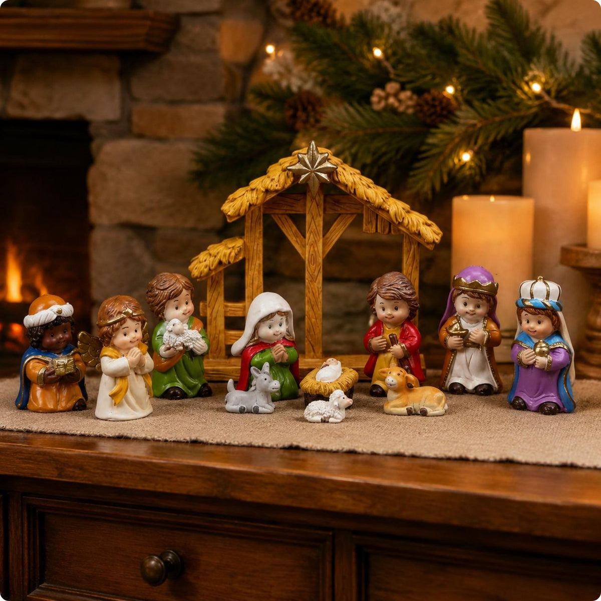 Cartoon Nativity Stable Set Long-Lasting Manger Figurine Set High-Quality Resin