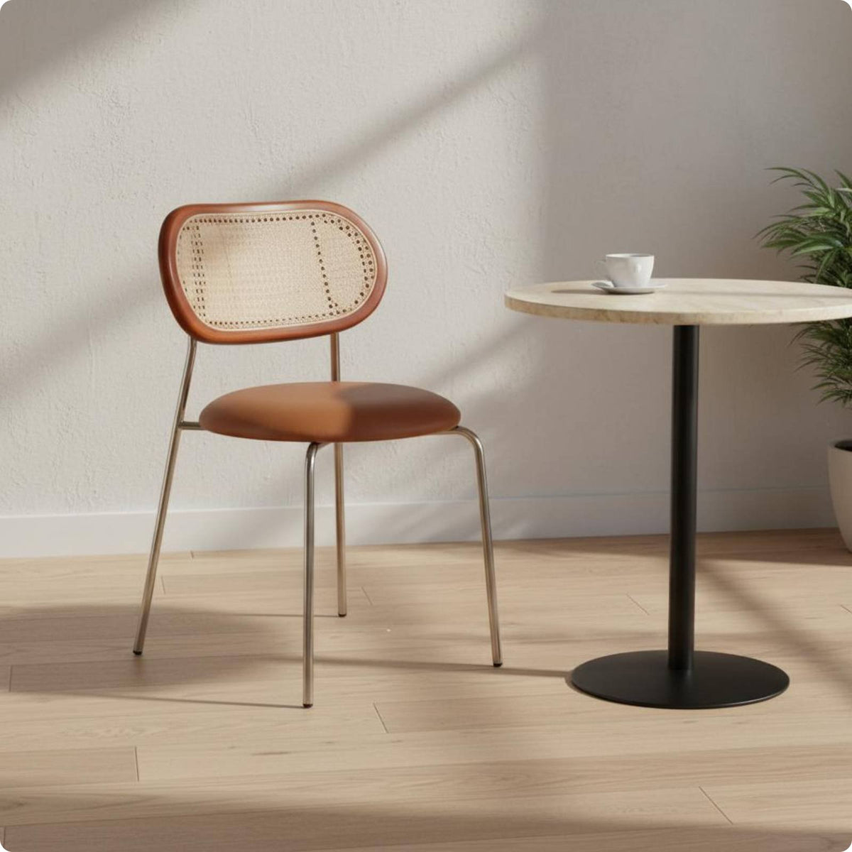 Easy to Match Rattan Dining Chair Rustic Rattan Back Chair Vintage Dining Seat for Guesthouse, Restaurant, Cafe