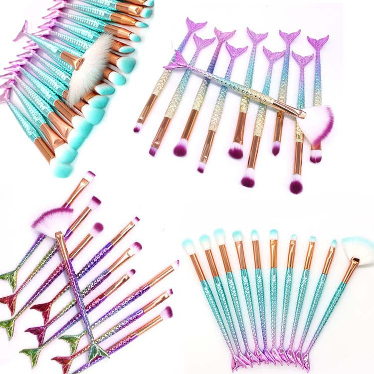 Mermaid Makeup Brush Set with Gradient Handles - Eyeshadow & Cosmetic Tools