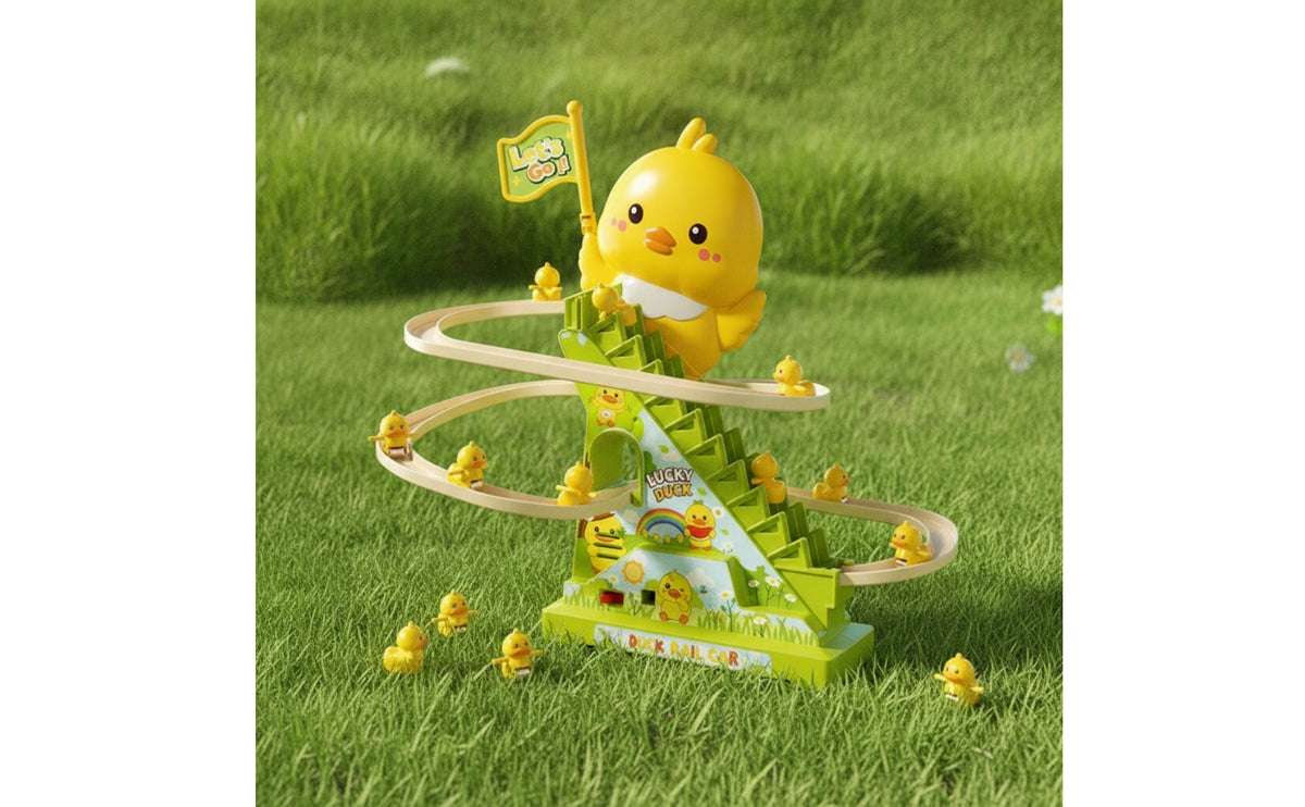 Electric Duck Climbing Stairs Toy Battery-Powered Duck Climbing Stairs Toy Play Set Musical Light-up for Toddlers, Playroom