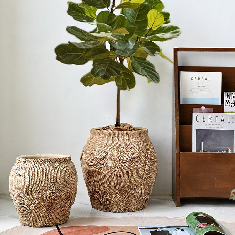Large Cement Floor-Standing Flower Pot with Grass-Weave Design