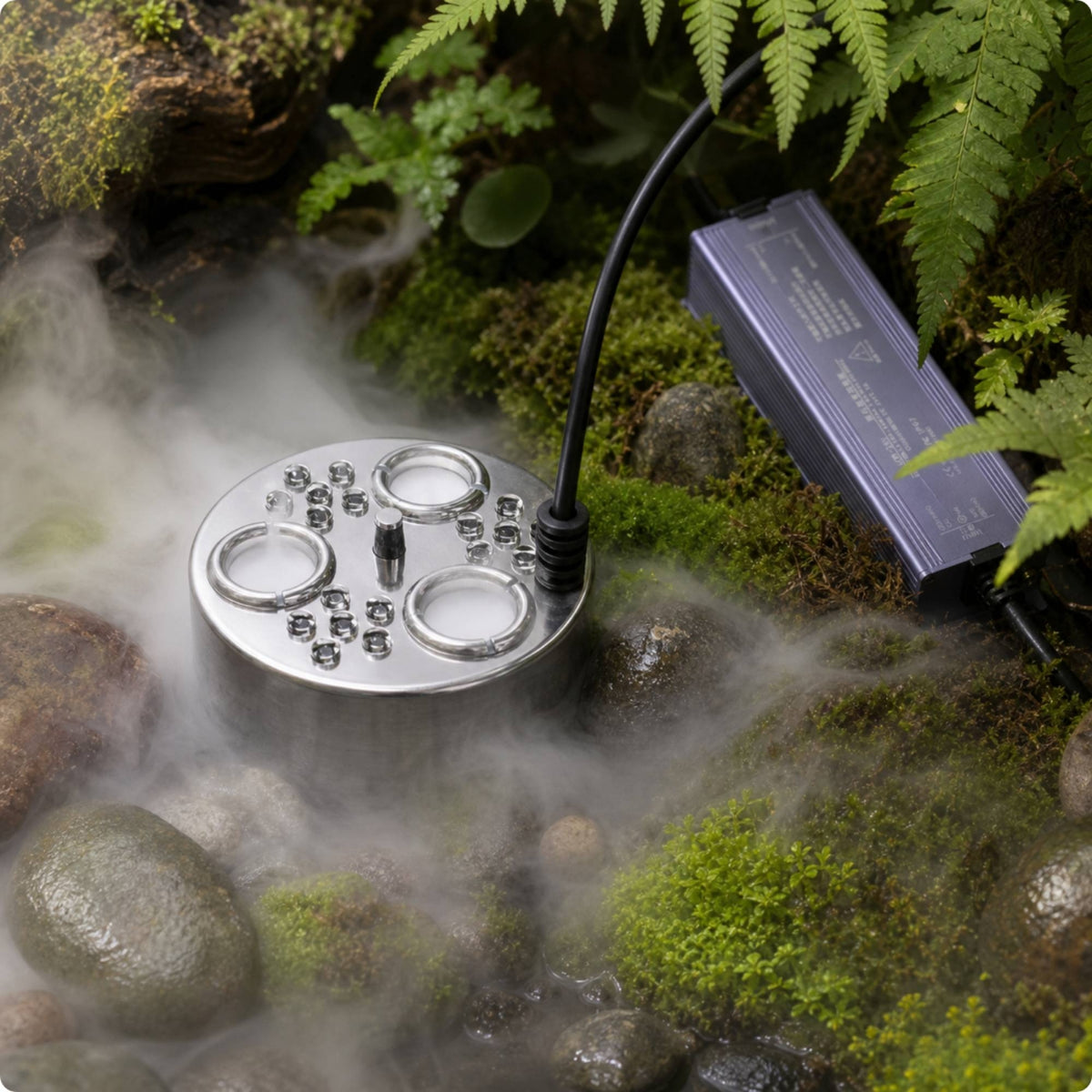 Stainless Steel High-Frequency Mist Maker Three-Head Mist Maker with 3 Heads Waterproof High-Frequency Fogger Compact for Ponds, Fountains, Aquariums