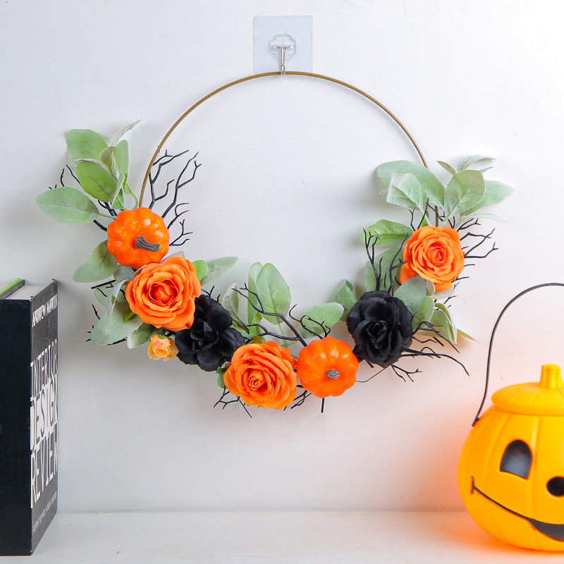 Iron Ring Pumpkin and Rose Wreath for Halloween Decoration