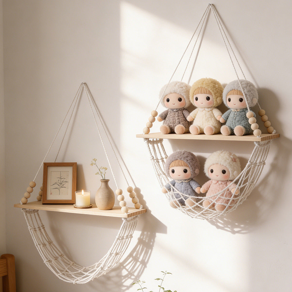 Bohemian Handwoven Wooden Bead Wall Hanging Storage Net