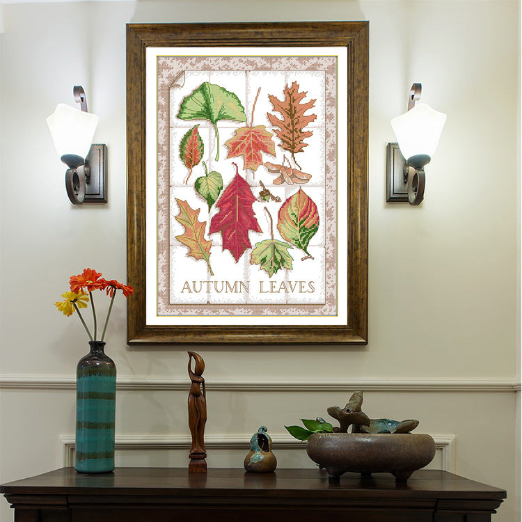 Joyful 99 Autumn Leaves Stamped Cross Stitch Kit, Small Landscape Maple Leaf DIY Embroidery Set