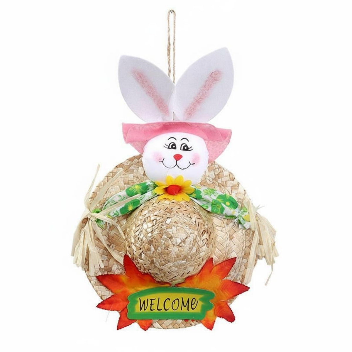 Easy to Hang Easter Bunny Straw Hat Decoration Handmade Design Straw Hat Rabbit Ornament Rustic Easter Wall Hanging With Bow for Children, Classroom