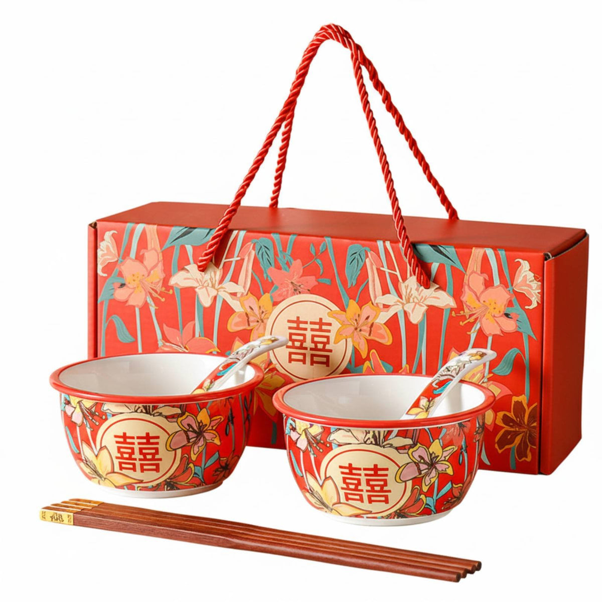 Ceramic Double Happiness Tableware Set, Red Wedding Bowl, Gift Box