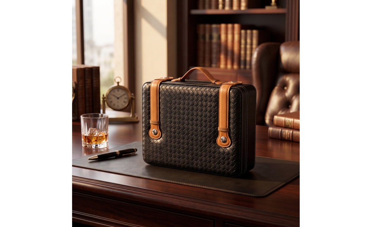 Wood-Lined Tobacco Travel Case Woven-Texture Travel Humidor Hard-Shell Tobacco Humidor Compact for Aficionados, Golf Course, Office