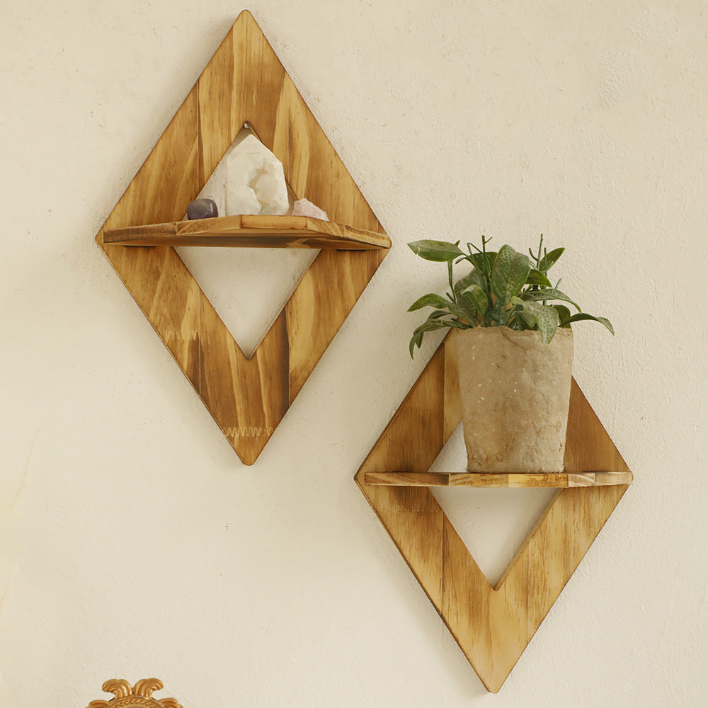 Modern Minimalist Diamond-Shaped Wooden Wall-Mounted Flower Pot Shelf