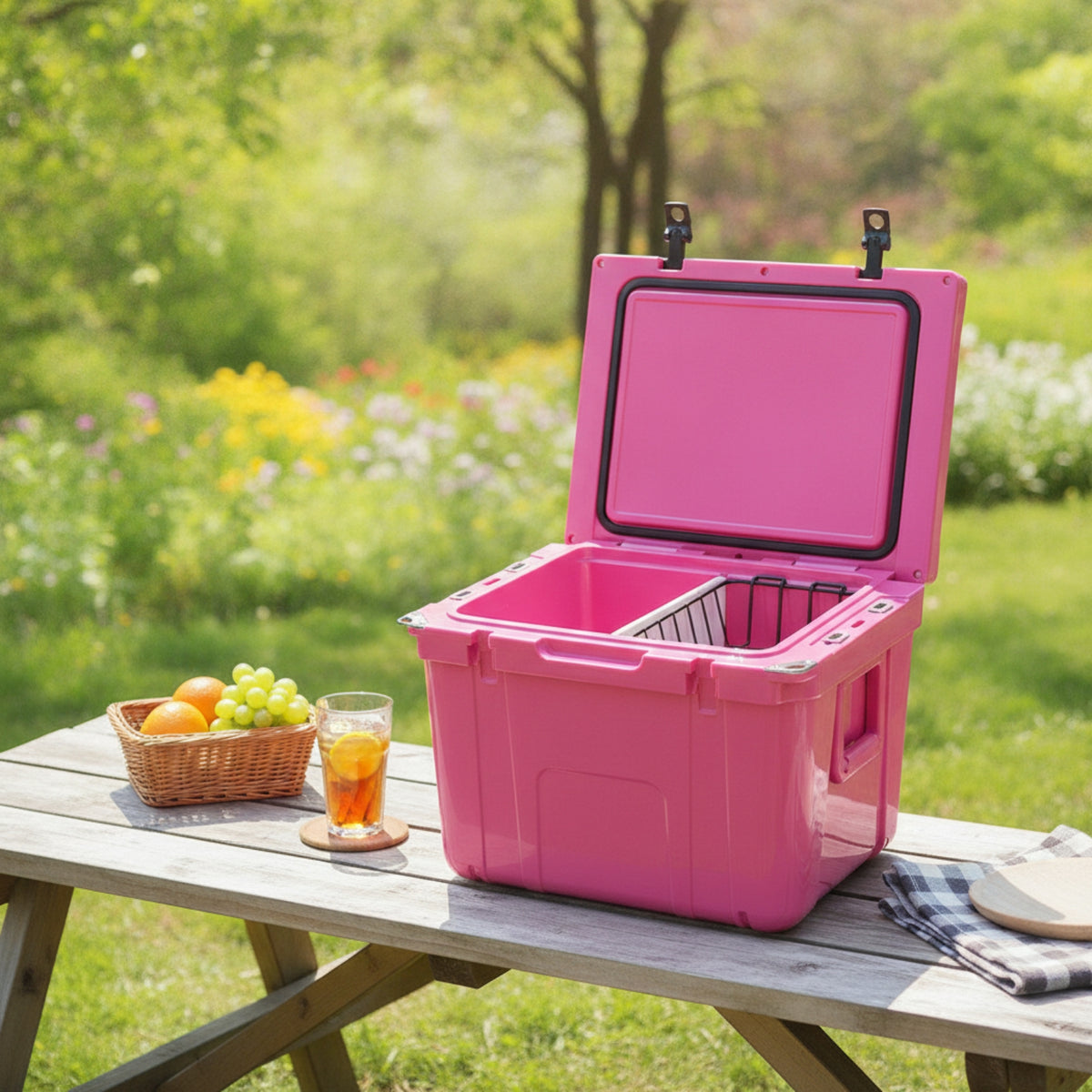 Rigid Cooler with Basket and Divider Wipe-Clean Insulated Cooler Box Heavy-Duty Hard Insulated Ice Chest Long-Lasting for Couriers