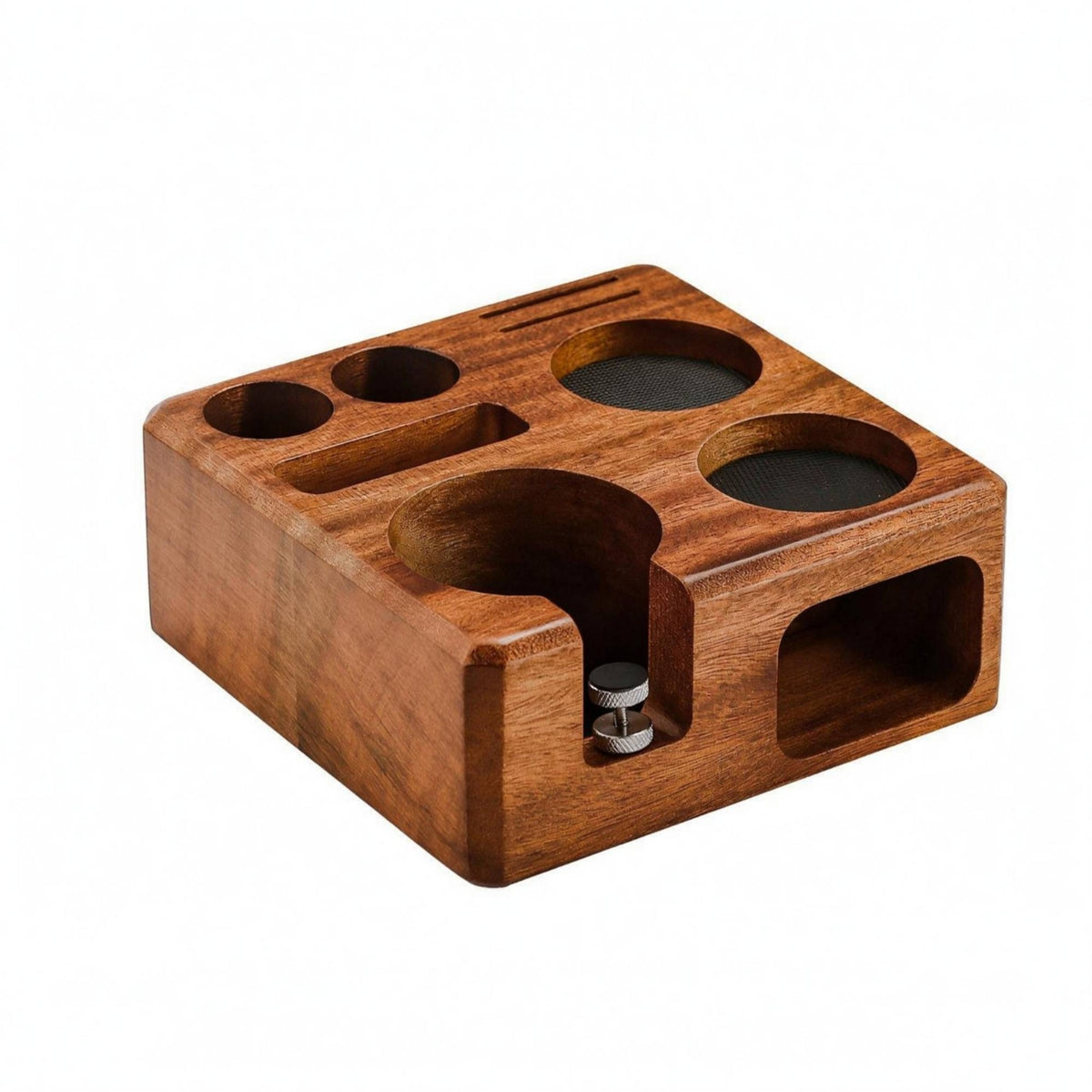 Walnut Wood Espresso Tamping Station Recessed Openings Espresso Tamper Stand Compact Distributor Portafilter Holder