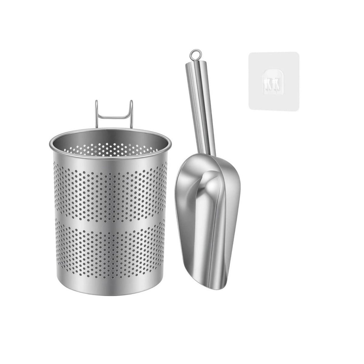 Stainless Steel Ice Scoop with Holder for Freezer Drainage Holes Ice Ladle Set Hanging Loop Food Service Tool