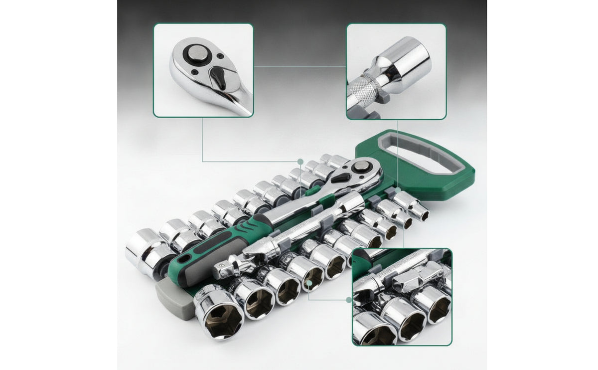 23 Pieces Industrial Socket Wrench Set Quick-Release Ratchet and Socket Set 72-Tooth Tool Kit Heavy Duty for Mechanics, DIYers, Car Repair, Garage, Engine Work