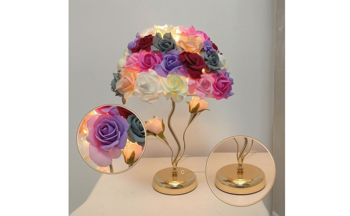Decorative Rose Petal Lamp Ambient Table Lamp with Flower Shade Romantic Floral Desk Light Gold-Tone for Bedroom, Living Room, Wedding