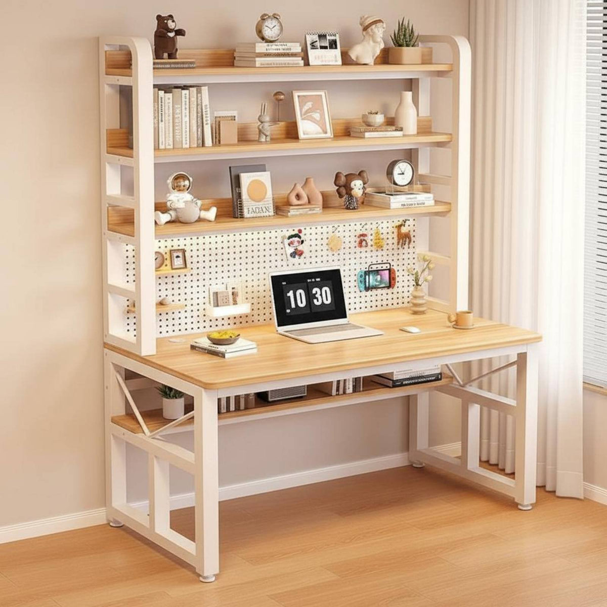 Computer Desk with Pegboard Desk with Hutch Study Desk with Bookshelf Workstation Desk Solid Wood Board Top and Reinforced Steel Frame Suitable for Work Study Gaming Home Office Dorm Room