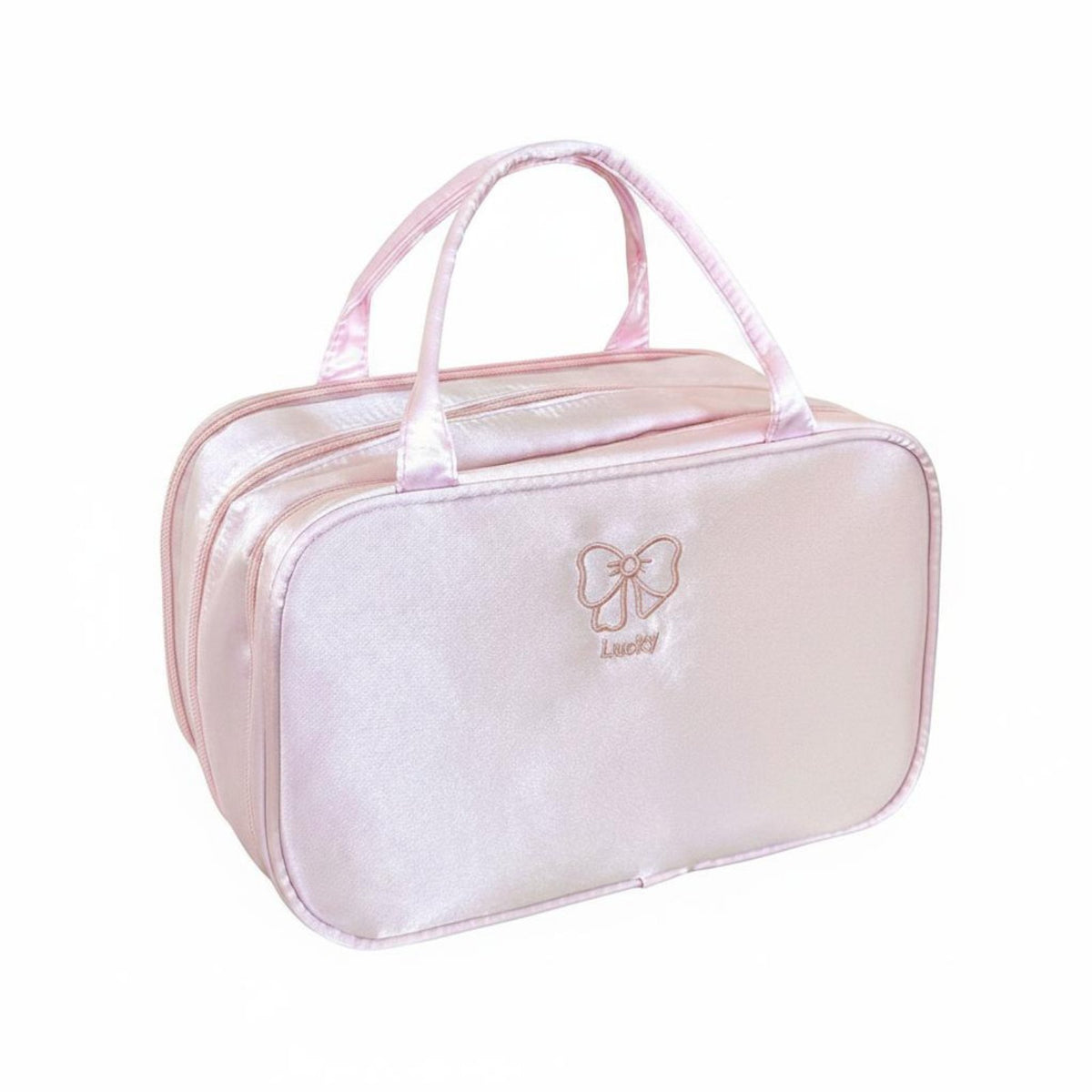 Double Zipper 3 Compartment Makeup Bag Portable Handle Travel Makeup Bag Brush Holder Waterproof Cosmetic Organizer Multiple Compartments for Women, Bathroom
