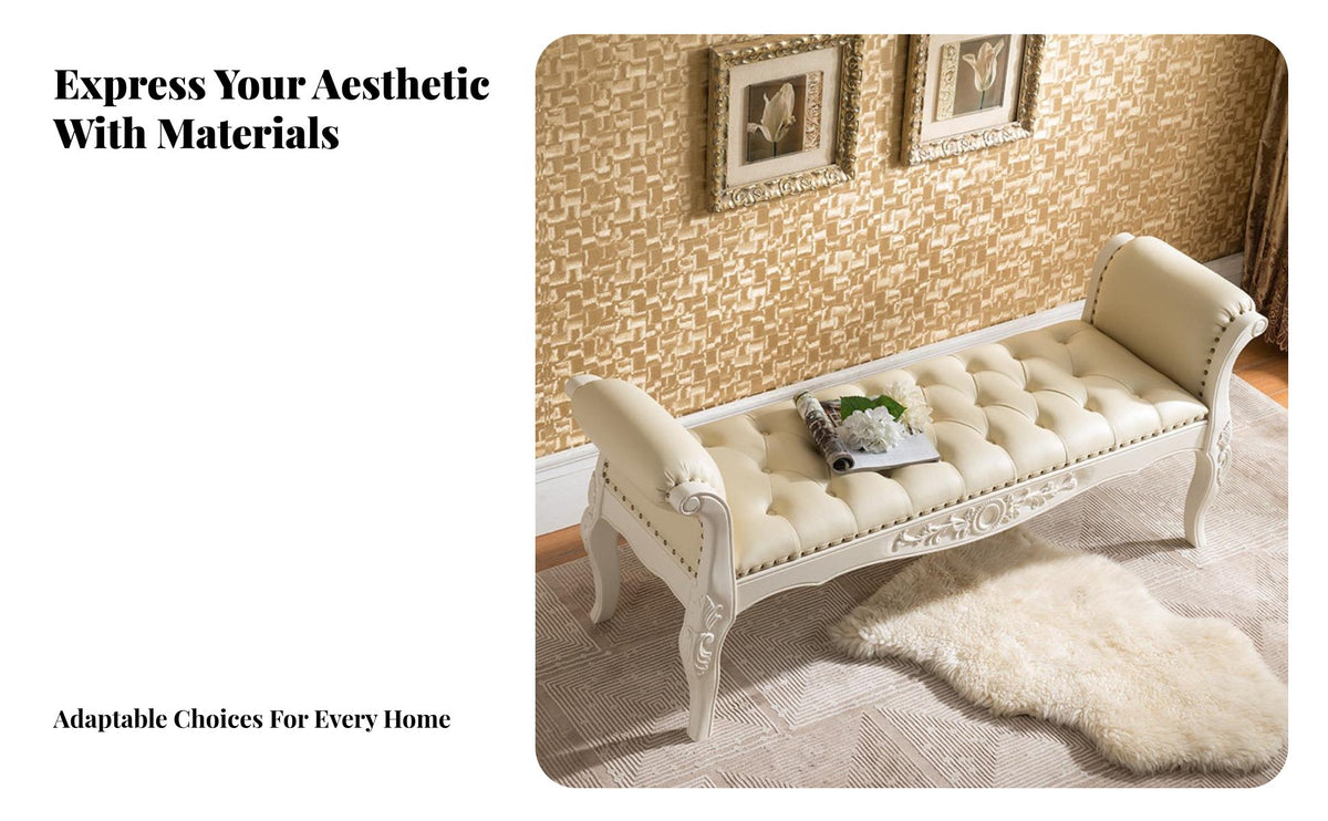 Carved Legs Tufted Bed-End Stool timeless Design Tufted Bed-End Bench Upholstered pad Indoor Furniture Comfortable Seating for Interior Designers, Homeowners, Adults, Bedroom, Entryway, Hallway, Living Room