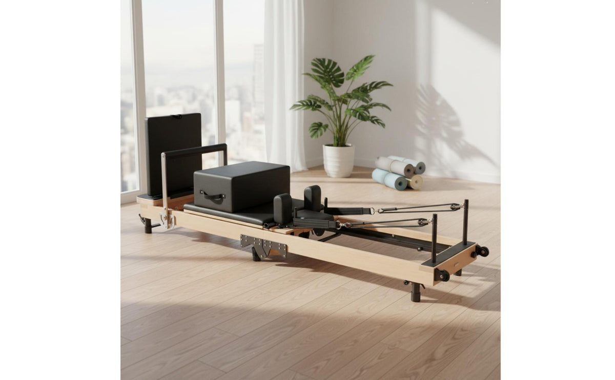Space Saving Foldable Pilates Reformer Solid Wood Frame Pilates Reformer with Wooden Box Professional Grade Home Core Training Machine Full-Body Workout for Adults, Beginners, Gym