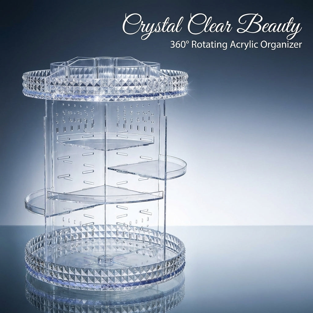 Makeup Box Make Up Organiser Storage, Clear Acrylic Round Diamond Pattern, Aftershave Stand for Bathroom, 360 Rotating Organizer