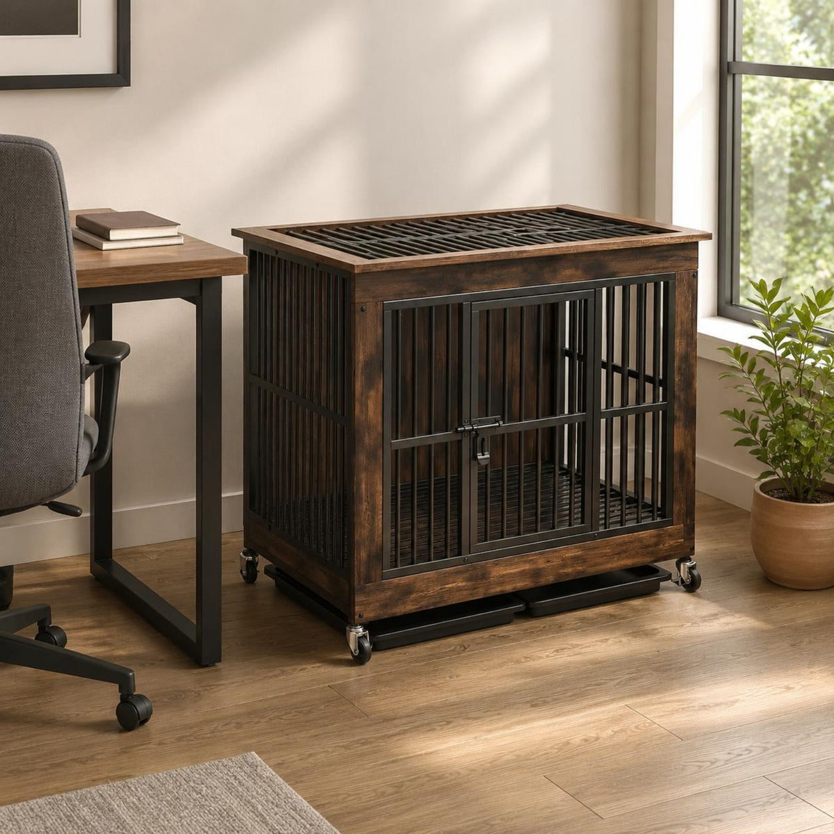 Dog Crate Furniture Space Saving Wood Metal Dog Crate Anti Getaway