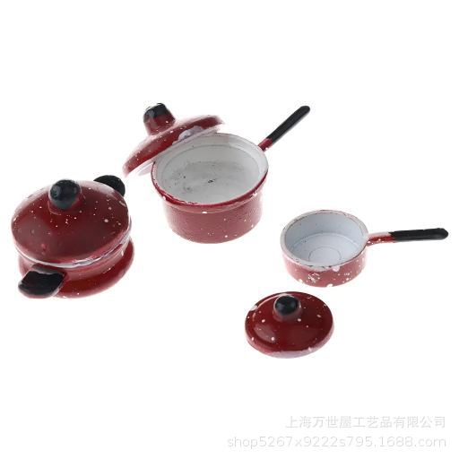 1:12 Scale Dollhouse Metal Cookware Set (Red, 3 Pieces) for DIY Kitchen Decor