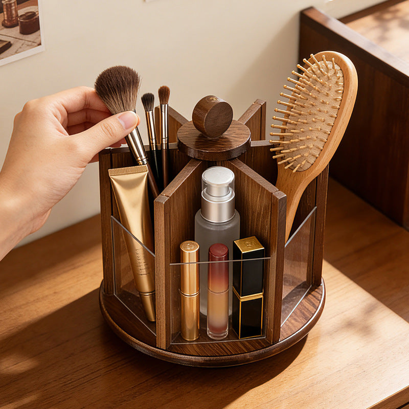 Vintage Wooden Rotating Makeup Organizer with Drawers