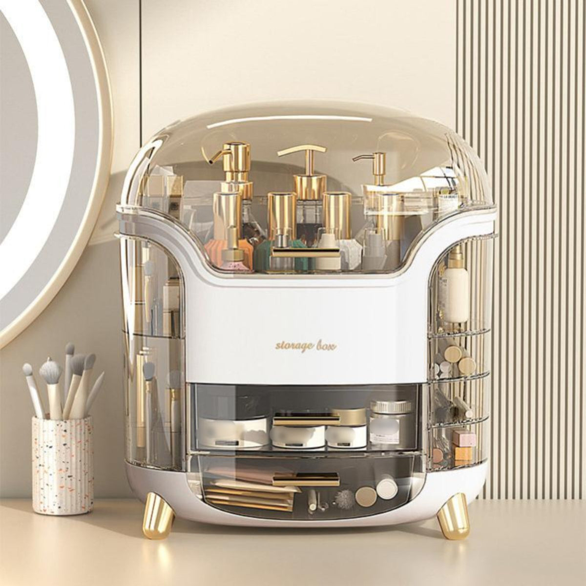 Lidded Cosmetic Case with Drawers Multi-Functional Vanity Organizer for vanity