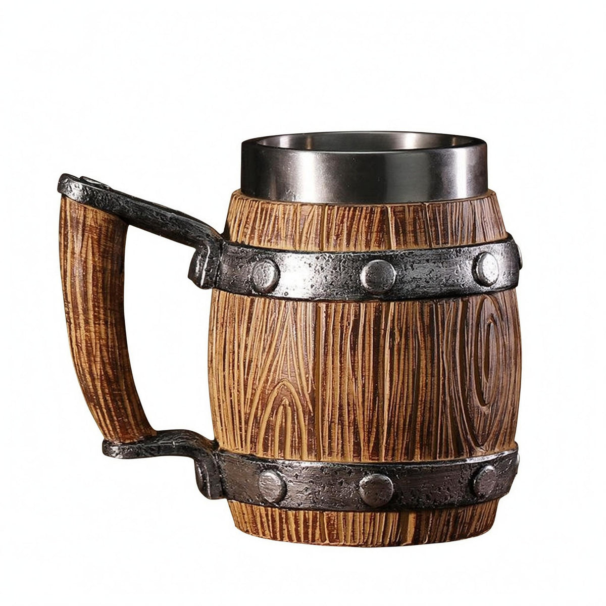 Barrel Beer Stein Rivet Details Wood-Grain Mug Easy to Clean