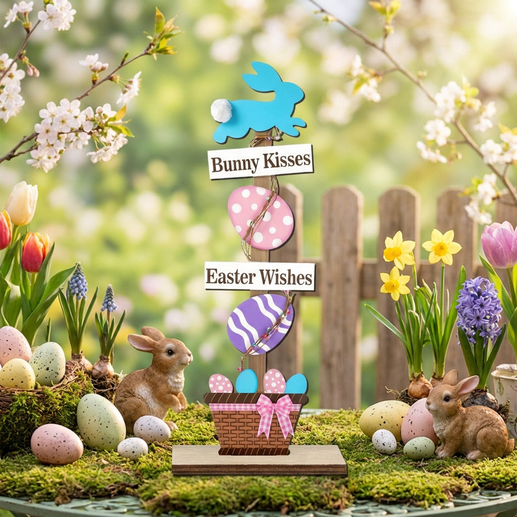 Easter Bunny Table Decor Nordic Design Wooden Easter Figurine Hand-Painted Wooden Bunny Sign for Children, Families, Tabletop, Bookshelf, Living Room