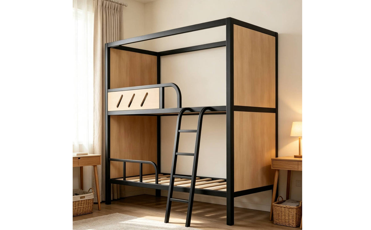 Bunk Bed with Storage Space-Saving Bunk Bed with Ladder Metal-Frame Furniture for Teens, Students, Bedroom, Dorm Room, Small Apartment