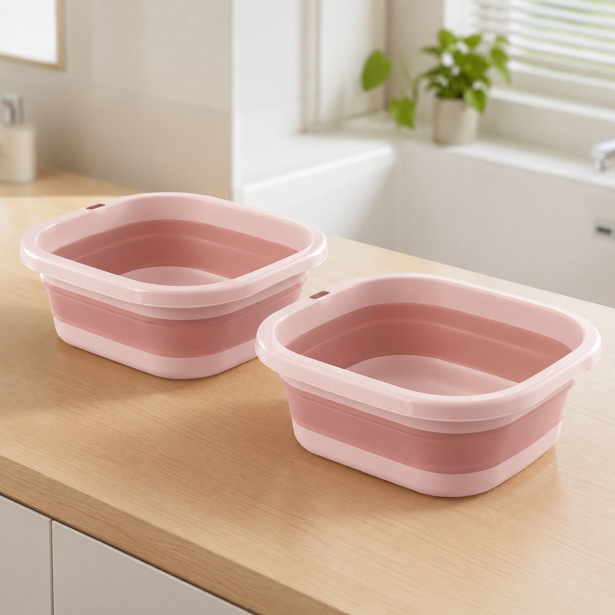 Folding Bucket Tub 2-Piece Set Rose Soft Type Hand Wash Laundry Soaking Wash Compact Storage