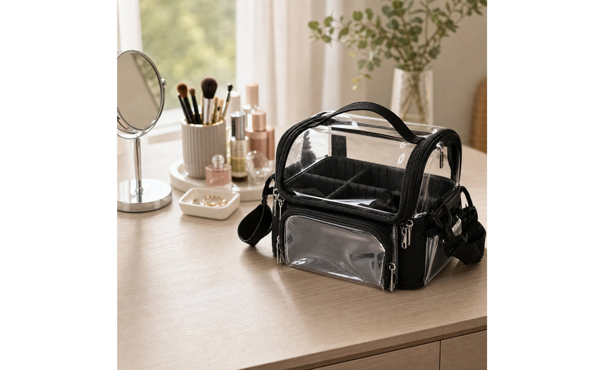 Clear Makeup Bag with Strap Waterproof Cosmetic Bag with Compartments Portable Transparent Cosmetic Organizer for Jet-Setters