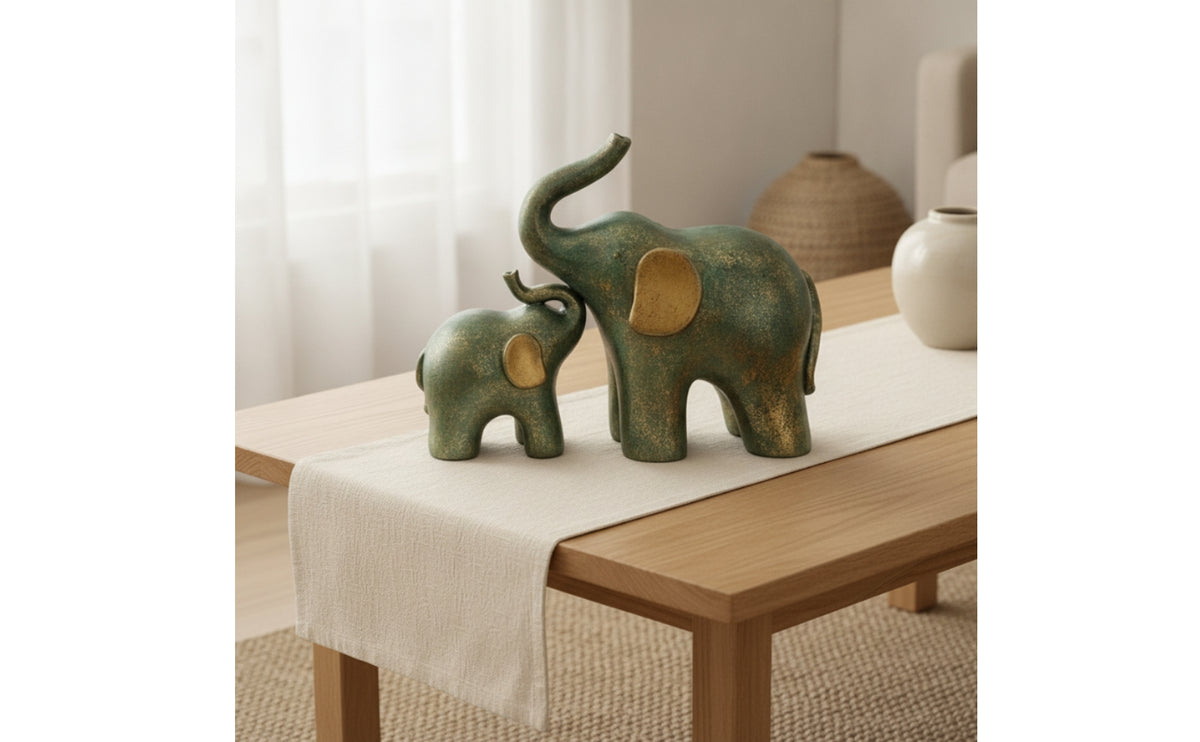 2 Pieces Elephant Figurine with Gold Ears Antique Green Elephant Statue with Gold Ears Stylized Decor for Art Collectors, Living Room, Shelf, Entryway