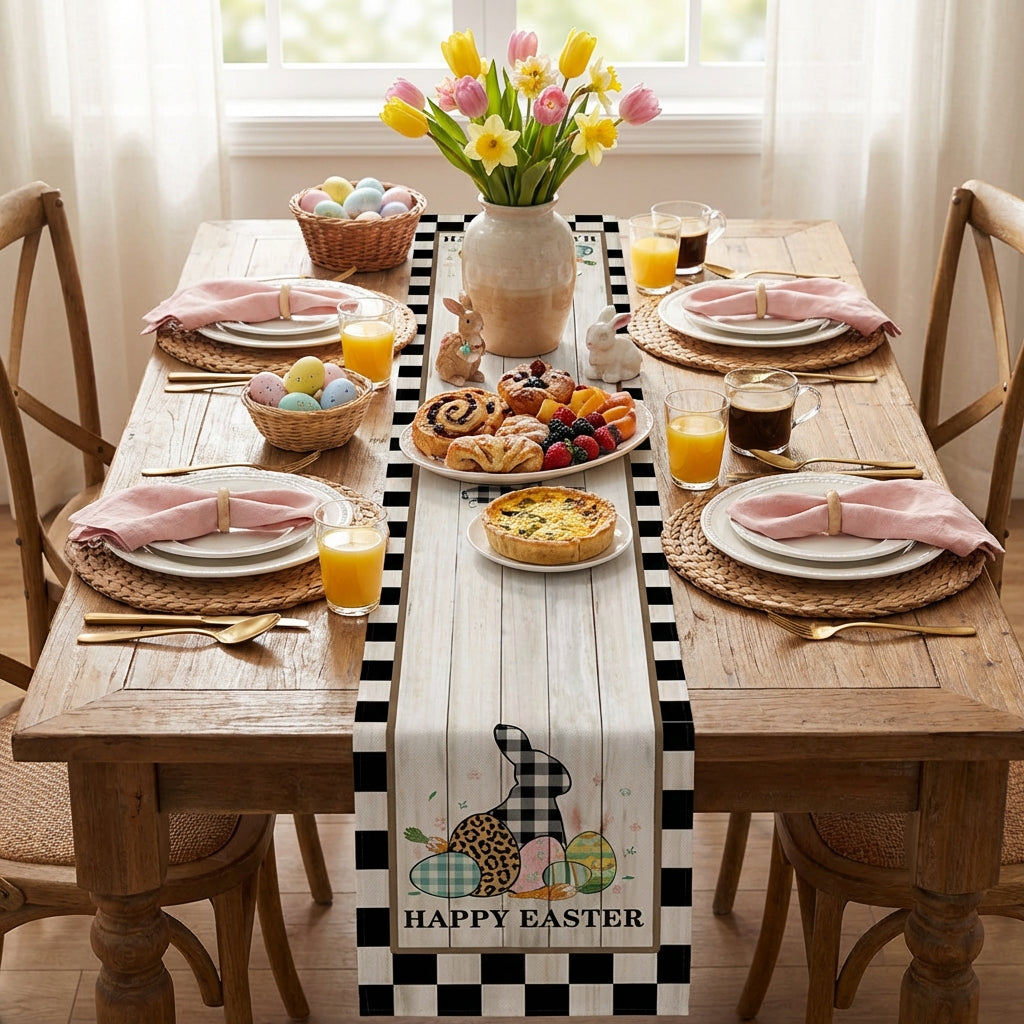 Bunny Happy Easter Table Runner, Spring Kitchen Dining Bunny Easters Table Runners Linen Decoration for Home Party Decor Indoor Outdoor