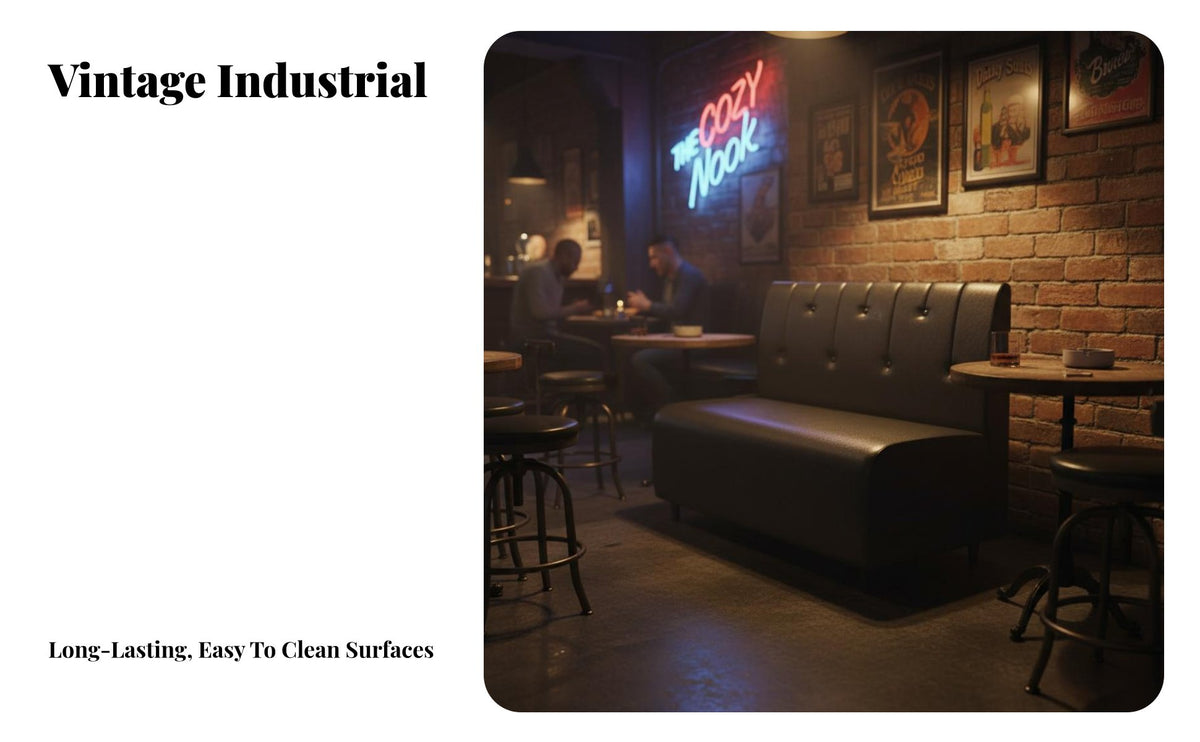 Stain-Resistant Retro Cafe Sofa Easy to Clean Industrial Bar Bench High-Density Foam Black Leatherette Booth Waterproof for Interior Designers, Business Owners, KTV Lounges, Milk Tea Shops, Restaurants, Cafes
