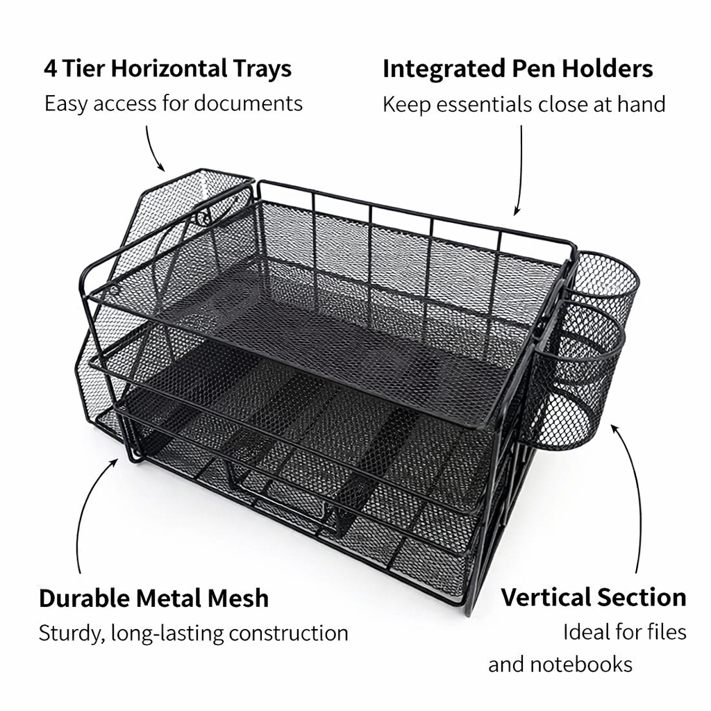 4-Tier Metal Mesh Desk Storage Organizer, Stackable Office Organiser, Carbon Steel Desktop File Tray for Professionals, Workspace Organization