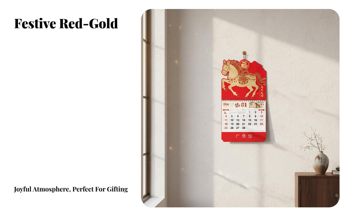 Chinese Red Wall Calendar, Year of the Horse, Gold Foil, Personalized Logo, Large Hanging Monthly Planner, Business Advertising Gift, Thick Paper