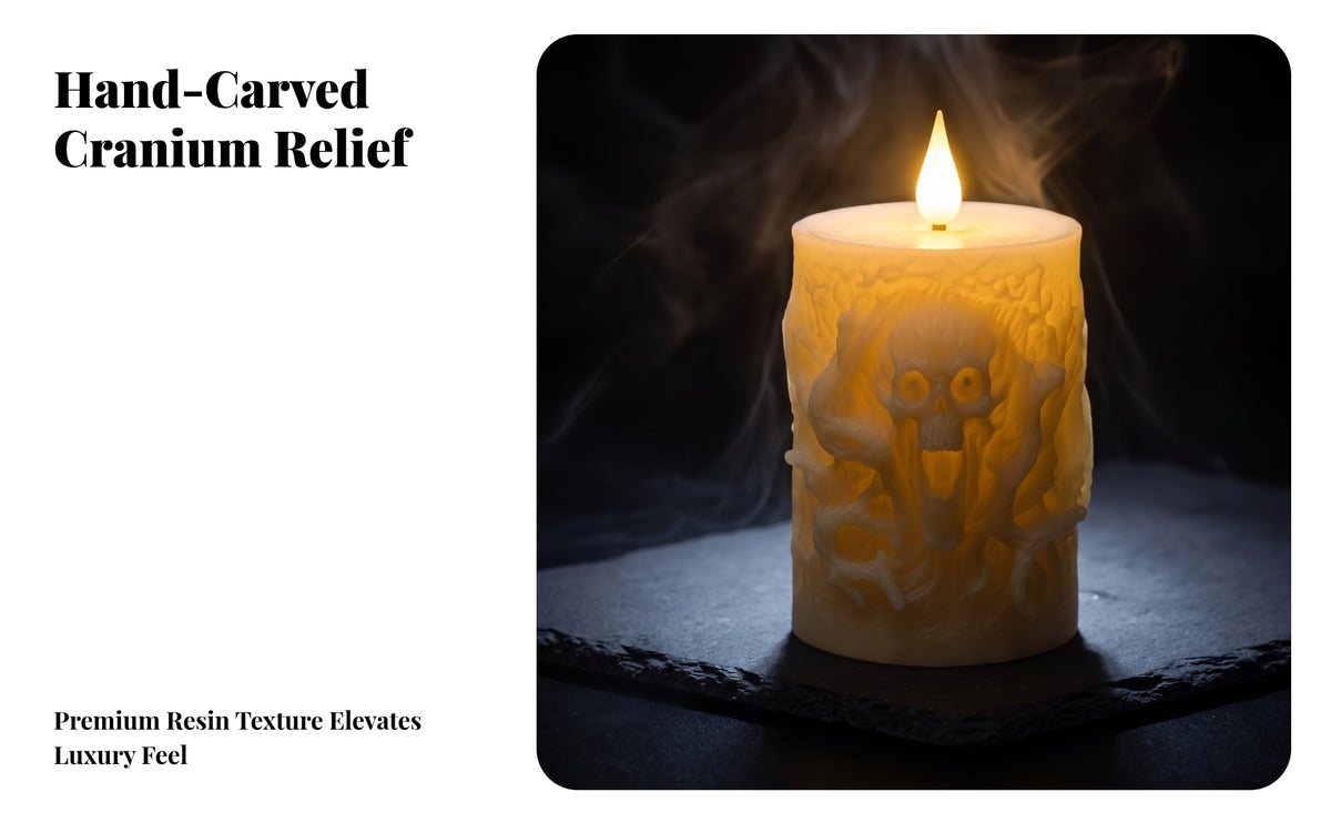 Spooky Skull Candle | Warm Eerie Glow, LED Candle with artificial wick, for spooky venues