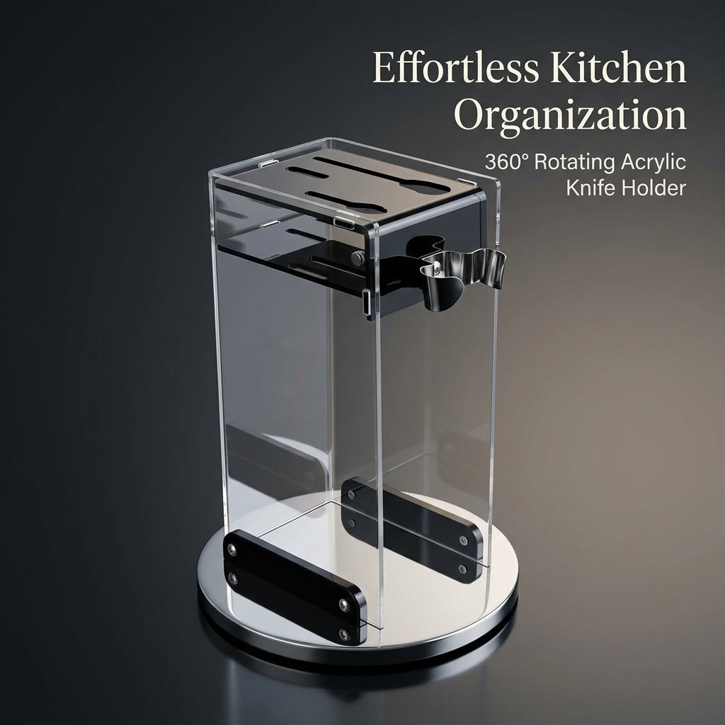360 Degree Rotating Acrylic Block, Stainless Steel Base Holder, Space-Saving Kitchen Countertop Utensil Organization for Home Cook