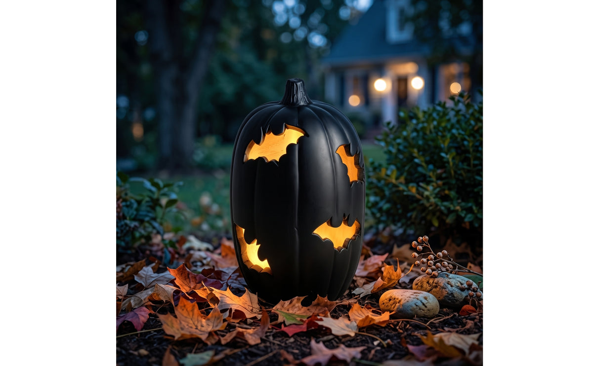 Pumpkin with Flying Mammal Shape Cutout Hollowed-out Halloween Pumpkin Carved Jack-Pumpkin Lantern Cutouts for Porch, Mantel, Entryway
