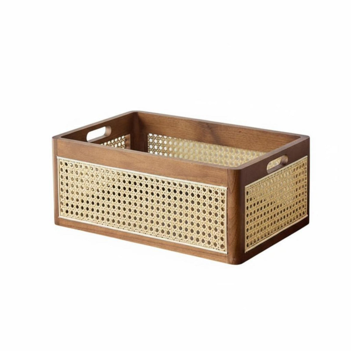 Japanese aesthetic Wood Frame Woven container Vintage Design Wood Frame Woven Crate Handwoven Organizer Box multi-use for Makeup Users, Office Workers, vanity Top, Bedroom, Living Room, Bathroom
