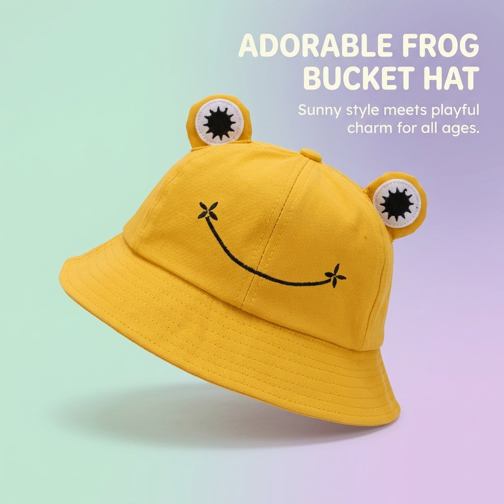 Cartoon Frog Bucket Hat for Kids and Adults, Wide Brim Sun Protection, Cute Embroidered Fisherman Style Beach Wear for Boy Girl Swim