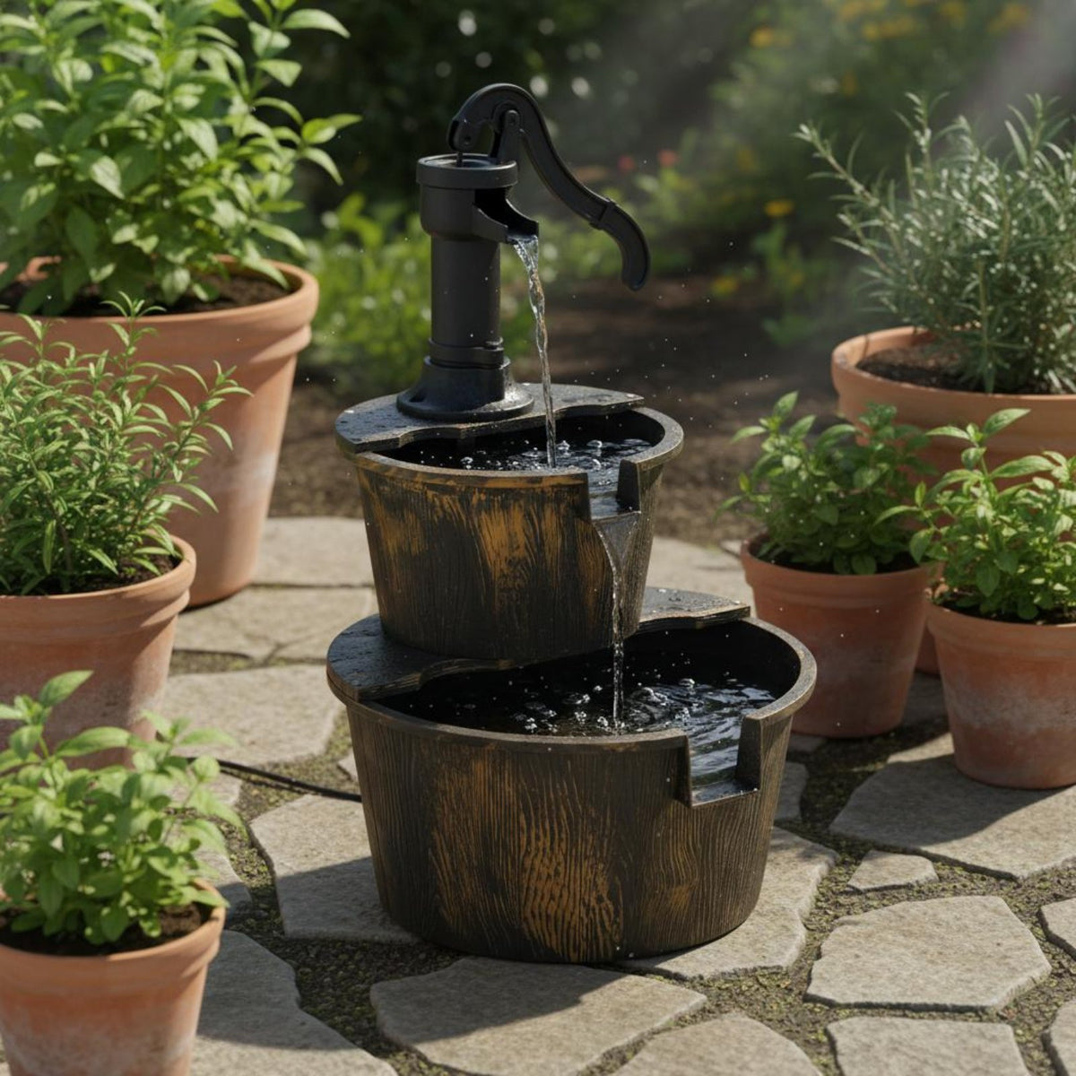 Wood Barrel Fountain Waterproof Solar Garden Fountain Anti Aging for Yard, Patio