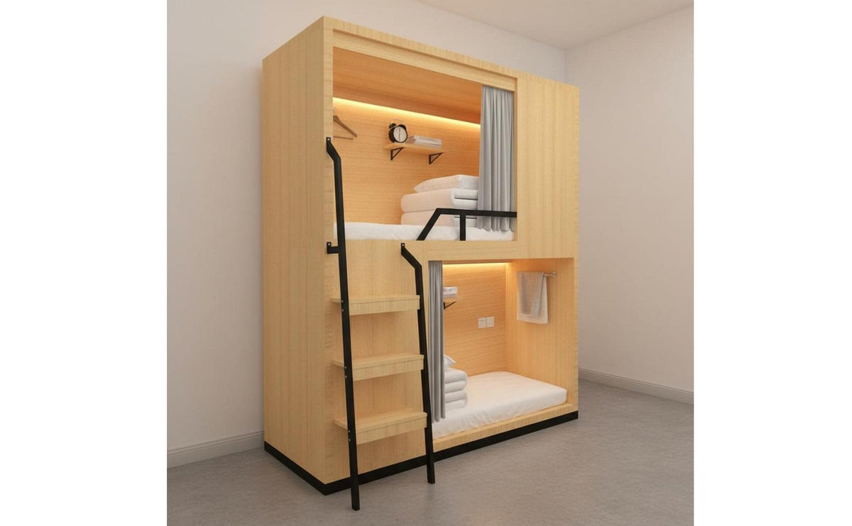 Dormitory Capsule Bunk Solid Wood Frame Wooden Hostel Bed Built-in Ladder Capsule Bed for Students, Visitors, Apartment