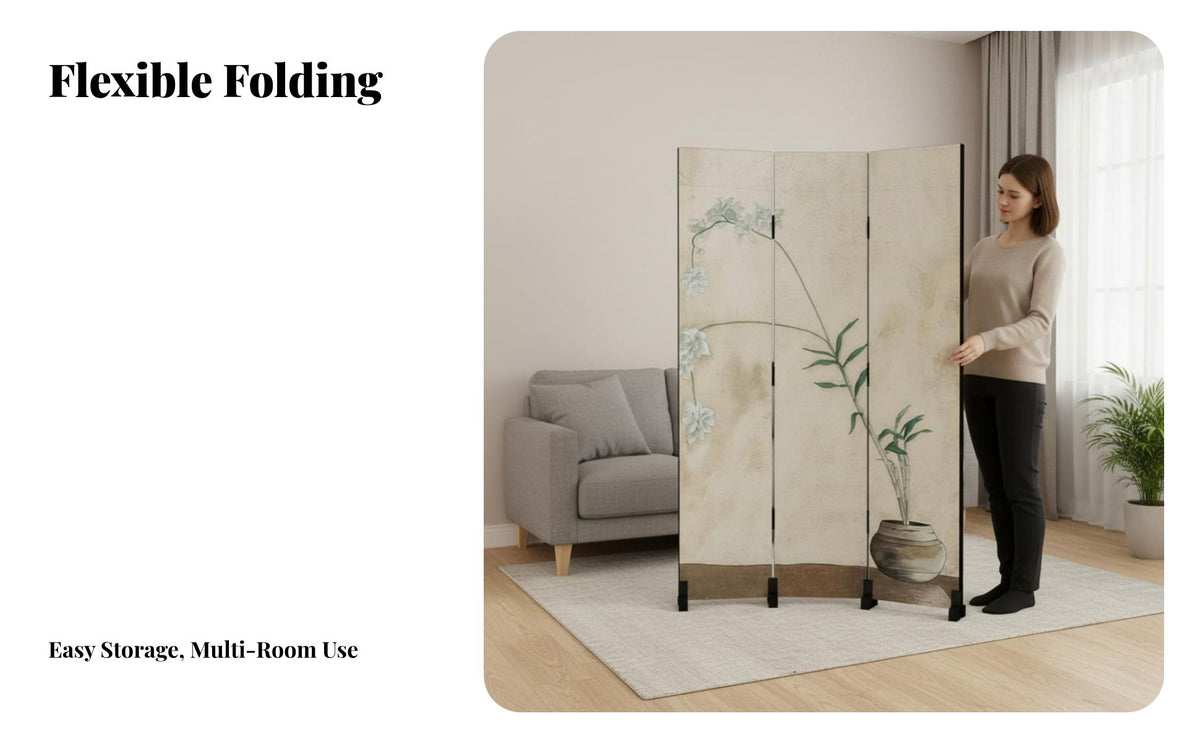 Chinese & type 4-Panel Floral Partition Foldable Design 4-Panel Art separater Artistic Decoration Folding Screen Freestanding for Cultural aficionados, homeowners, Office Workers, Living Room, Bedroom, Studio Apartment, Restaurant