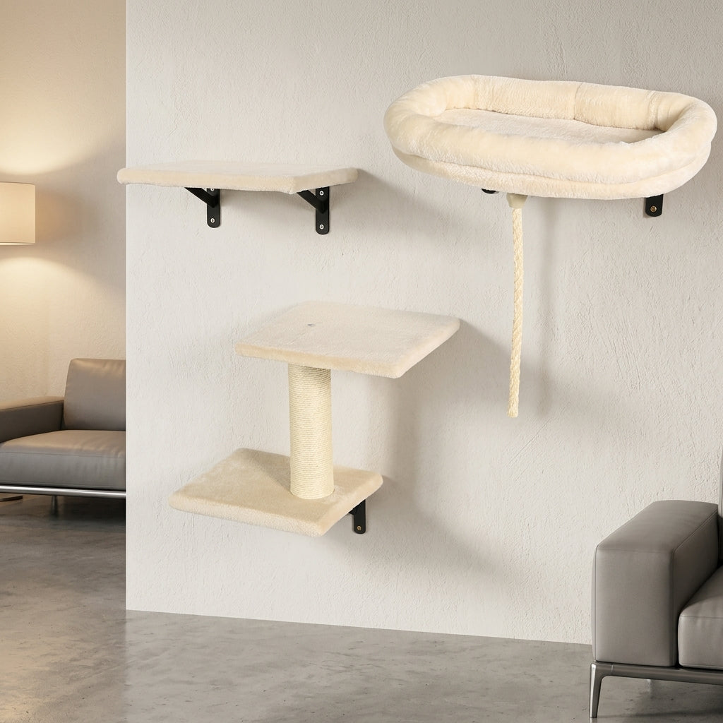 Cat Shelf and Climbing Shelves, 3-Piece Wood Wall Mounted Perch Set, Modern Furniture Wall Shelves for Indoor Cats to Scratch, Climb and Rest