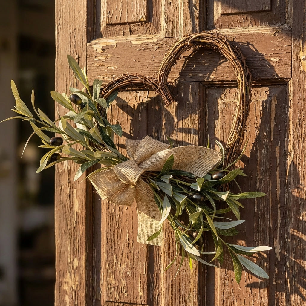 Spring Door Wreath Ready to Hang Artificial Olive Wreath Rustic Charm Olive Branch Heart Decoration for Homeowners, Couples, Easter, Entryway, Wedding